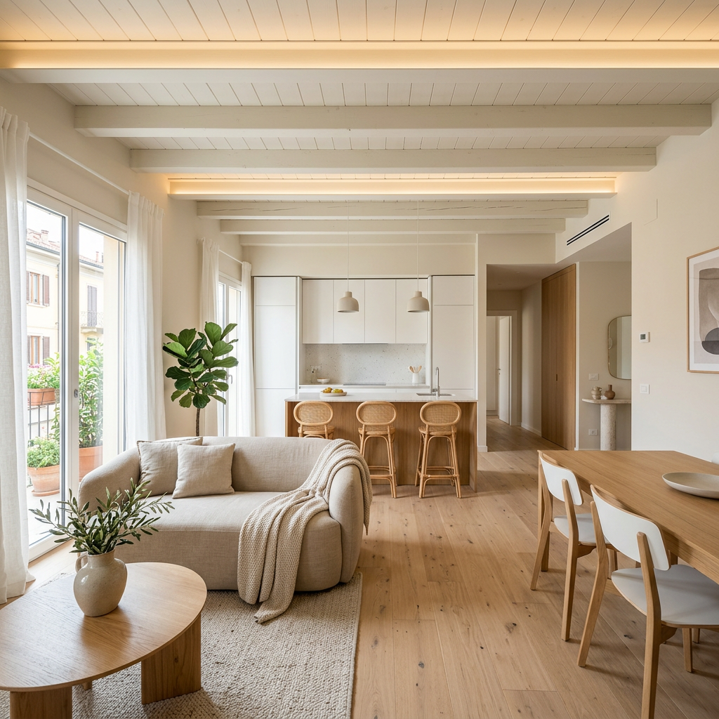 Open living room and kitchen with beige sofa, wooden furniture, and white cabinetry